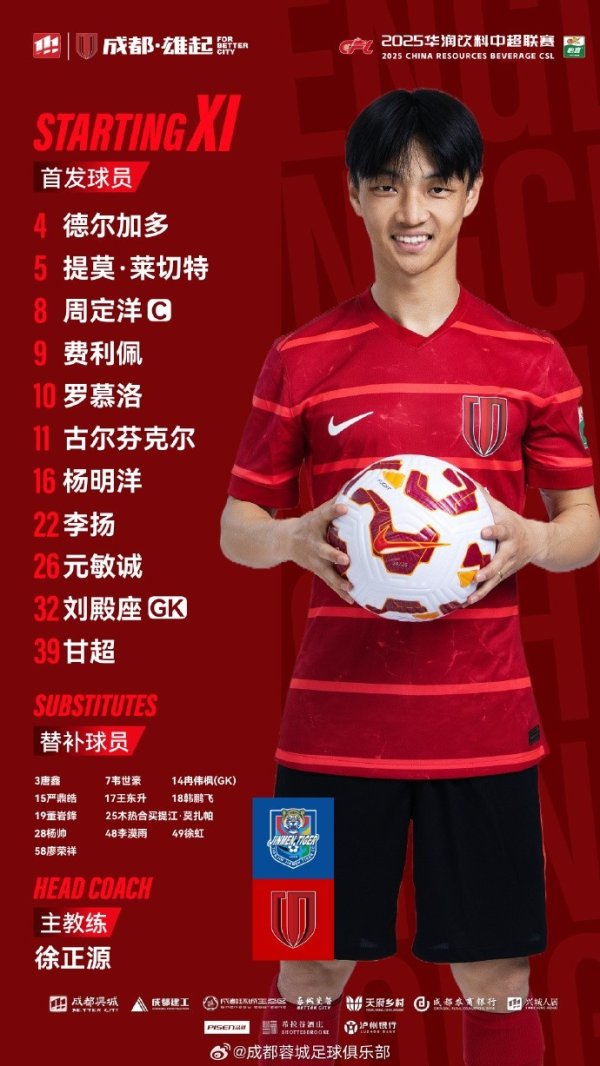 天津津门虎vs成都蓉城 赛事  杆位名单出炉！成都，雄起！