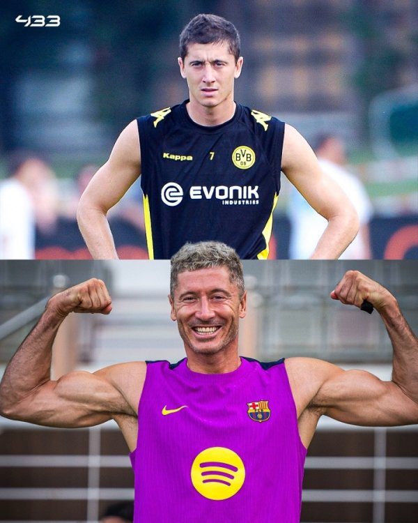 自律！外媒晒莱万22岁&36岁身材对比：瘦弱小伙→魔鬼筋肉人