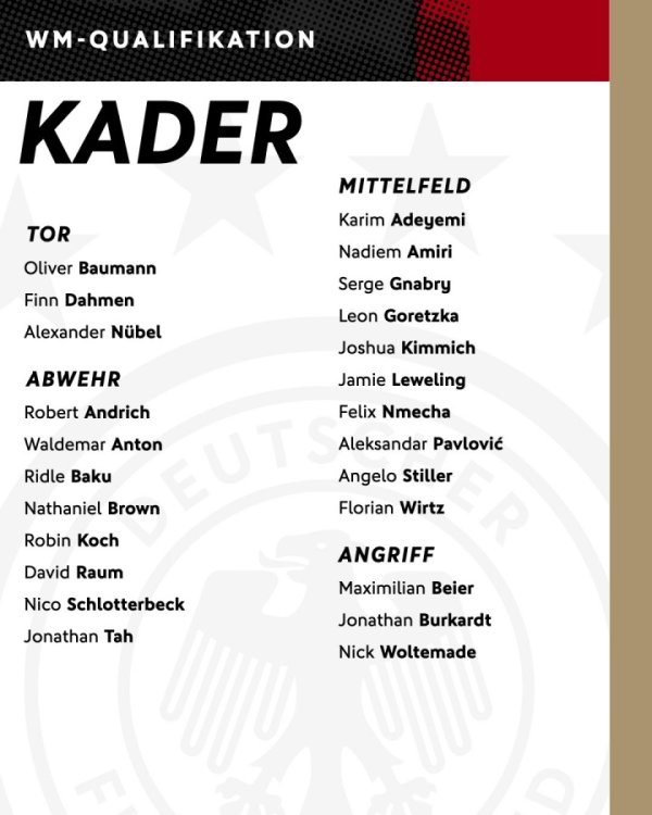 德国名单：沃尔特马德、维尔茨领衔 基米希、努贝尔在列 萨内落选