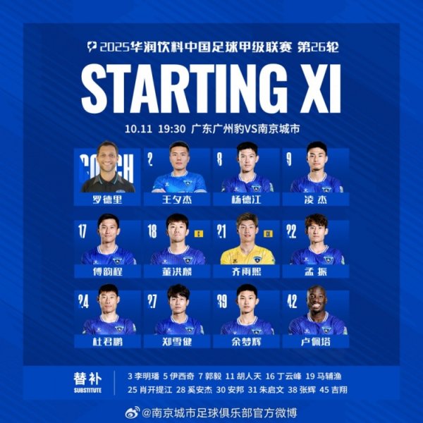 中甲第26轮，广东广州豹VS南京城市 杆位名单出炉 让我们并肩战斗